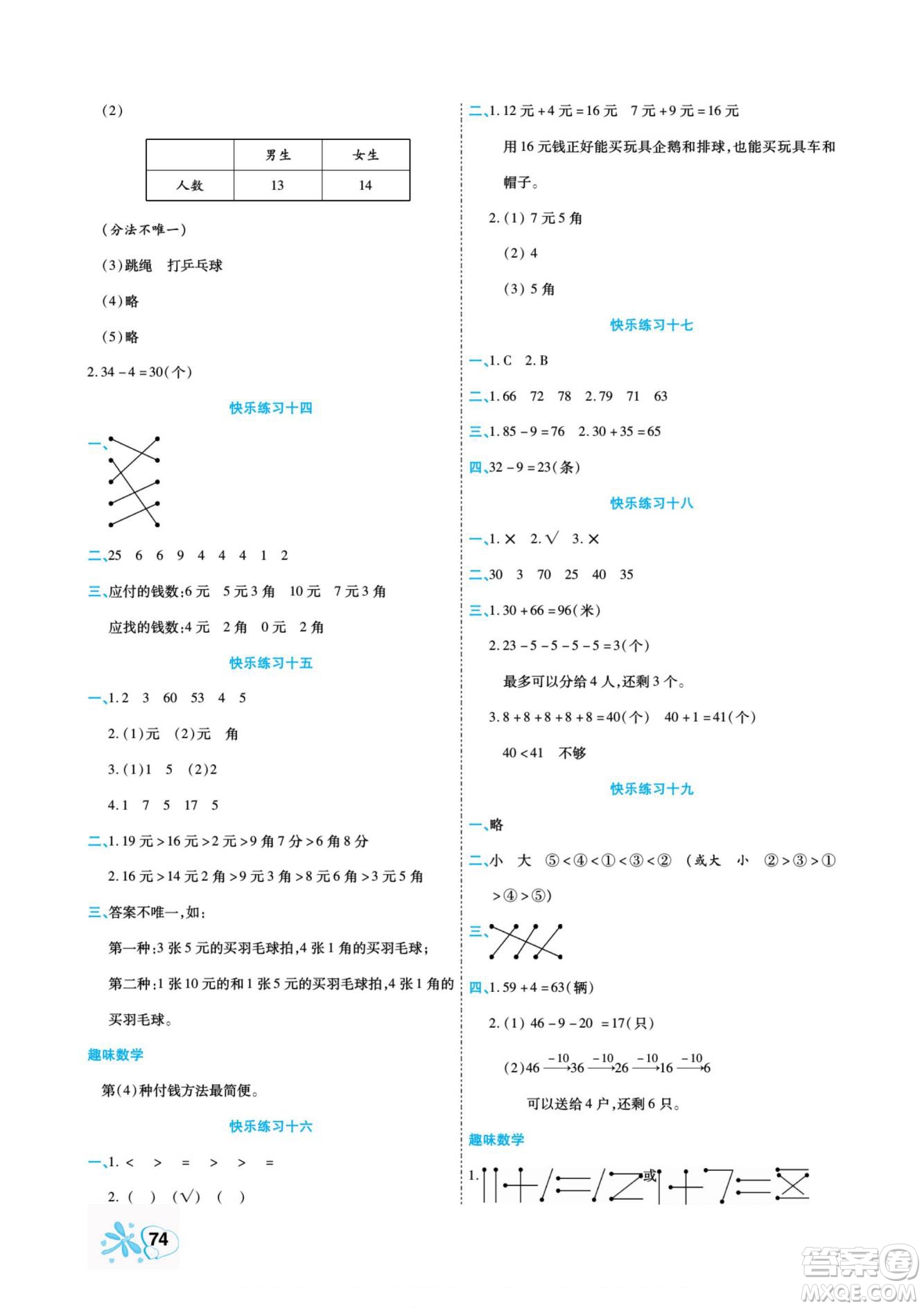 云南美術出版社2022快樂假期銜接優(yōu)化訓練暑假作業(yè)數學1升2人教版答案