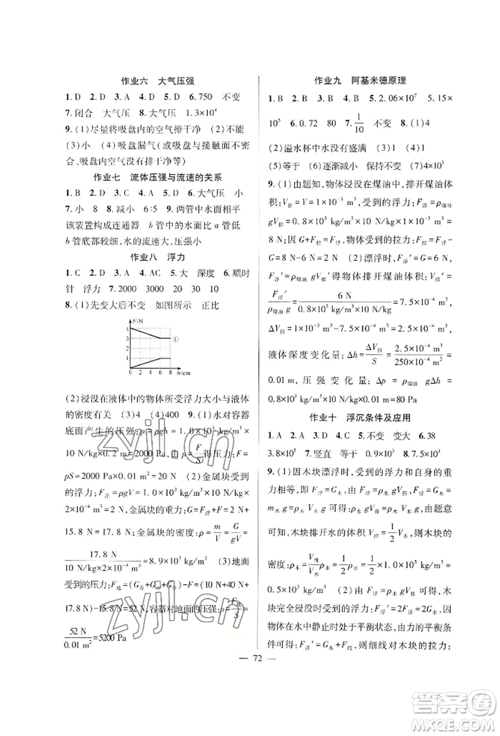 新疆青少年出版社2022高效課堂暑假作業(yè)八年級物理通用版參考答案