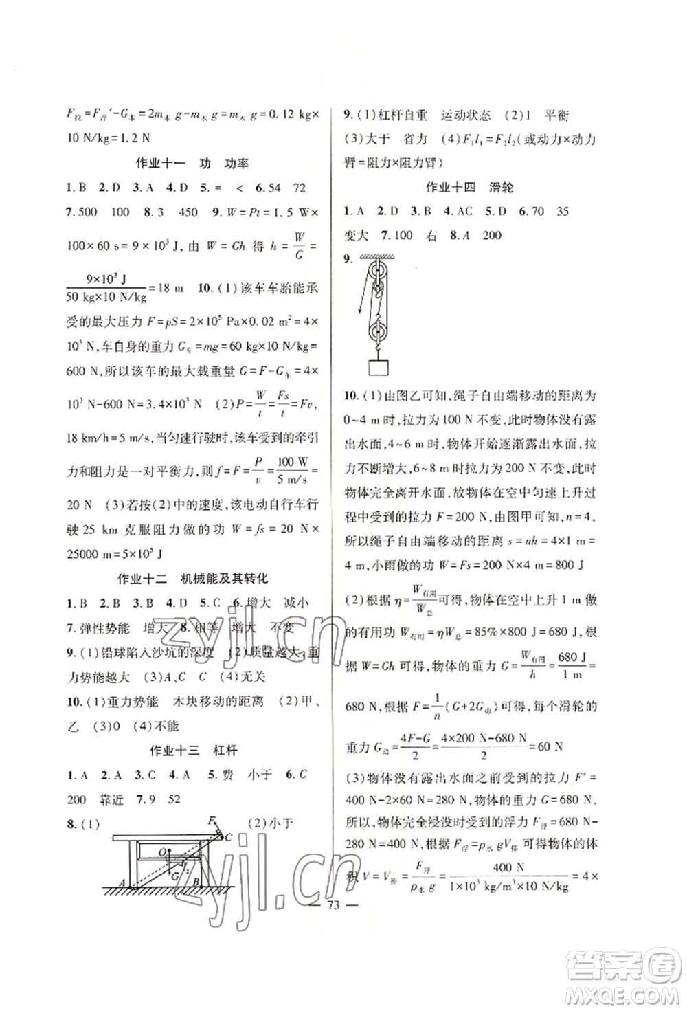 新疆青少年出版社2022高效課堂暑假作業(yè)八年級物理通用版參考答案