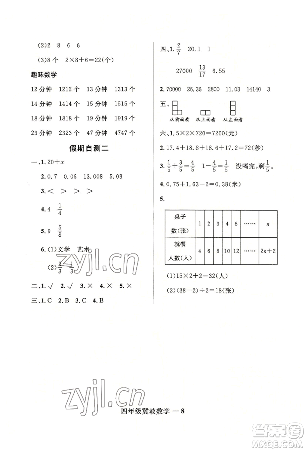 河北少年兒童出版社2022贏在起跑線小學(xué)生快樂暑假四年級數(shù)學(xué)冀教版參考答案