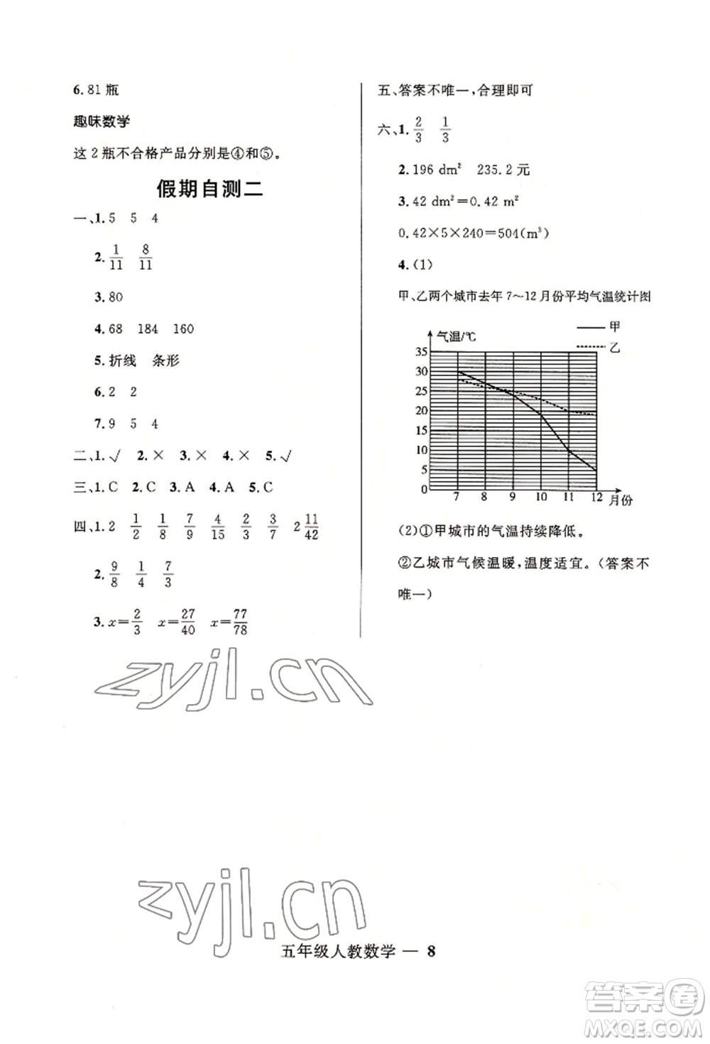 河北少年兒童出版社2022贏在起跑線(xiàn)小學(xué)生快樂(lè)暑假五年級(jí)數(shù)學(xué)人教版參考答案