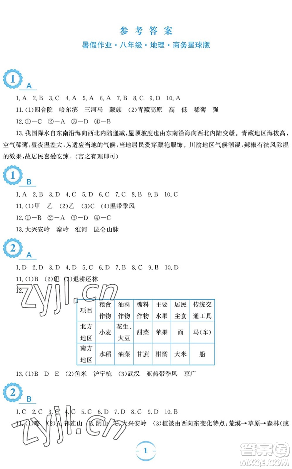 安徽教育出版社2022暑假作業(yè)八年級地理商務星球版答案