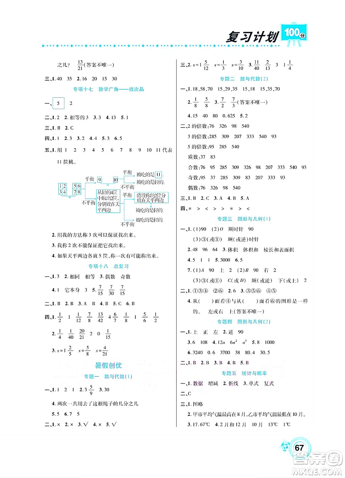 中原農(nóng)民出版社2022復(fù)習(xí)計(jì)劃100分暑假學(xué)期復(fù)習(xí)數(shù)學(xué)五年級人教版答案