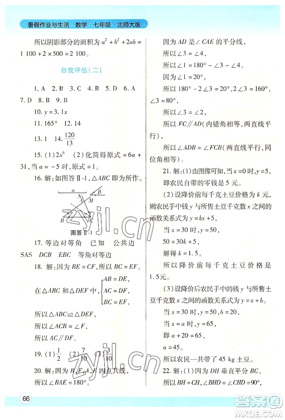 陜西師范大學(xué)出版總社有限公司2022暑假作業(yè)與生活七年級數(shù)學(xué)北師大版參考答案