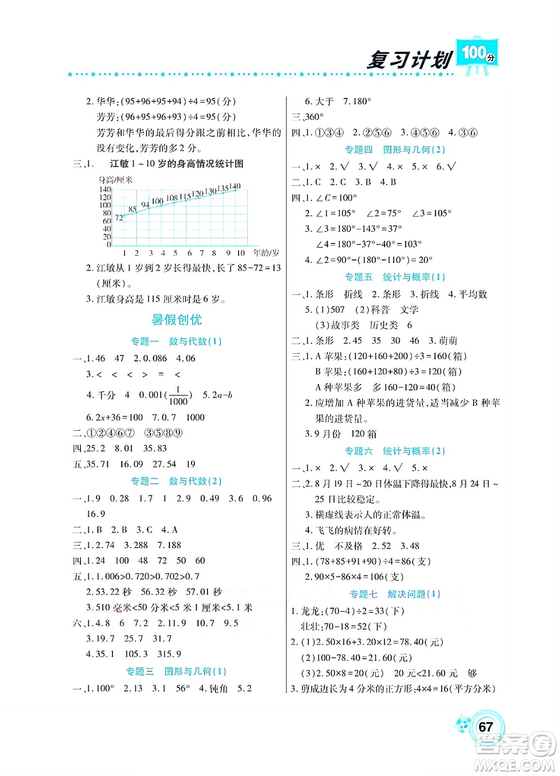 中原農(nóng)民出版社2022復習計劃100分暑假學期復習數(shù)學四年級北師大版答案