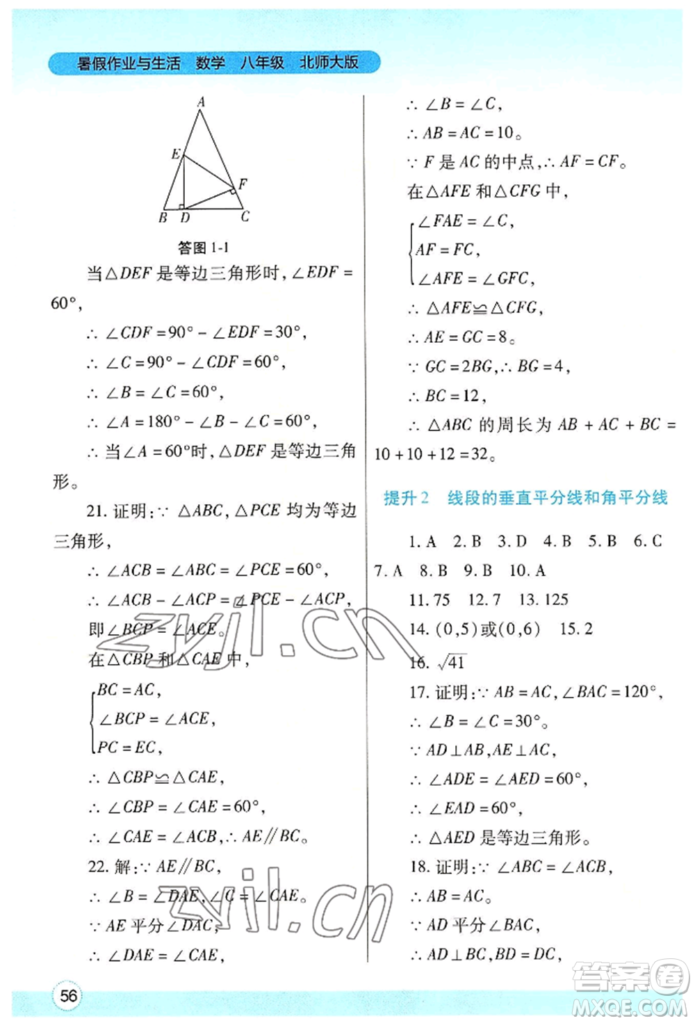 陜西師范大學出版總社有限公司2022暑假作業(yè)與生活八年級數(shù)學北師大版參考答案