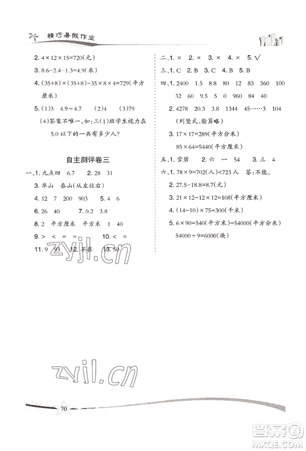 云南美術(shù)出版社2022精巧暑假作業(yè)三年級數(shù)學(xué)人教版參考答案