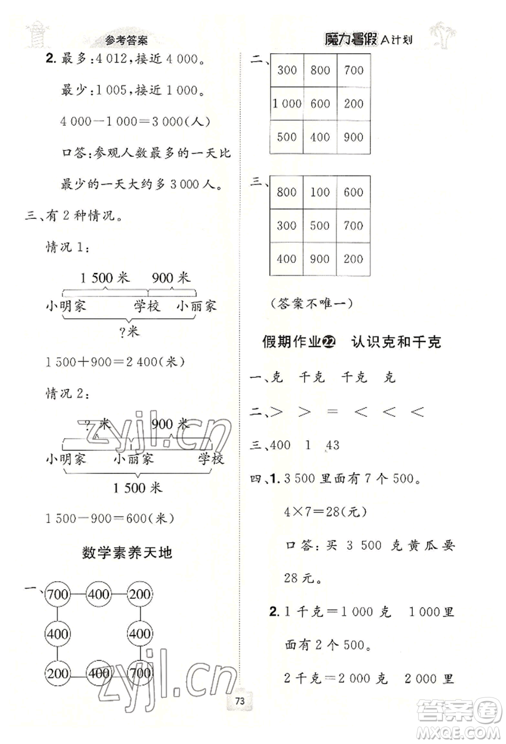 江西美術(shù)出版社2022魔力暑假A計劃二年級數(shù)學(xué)人教版參考答案