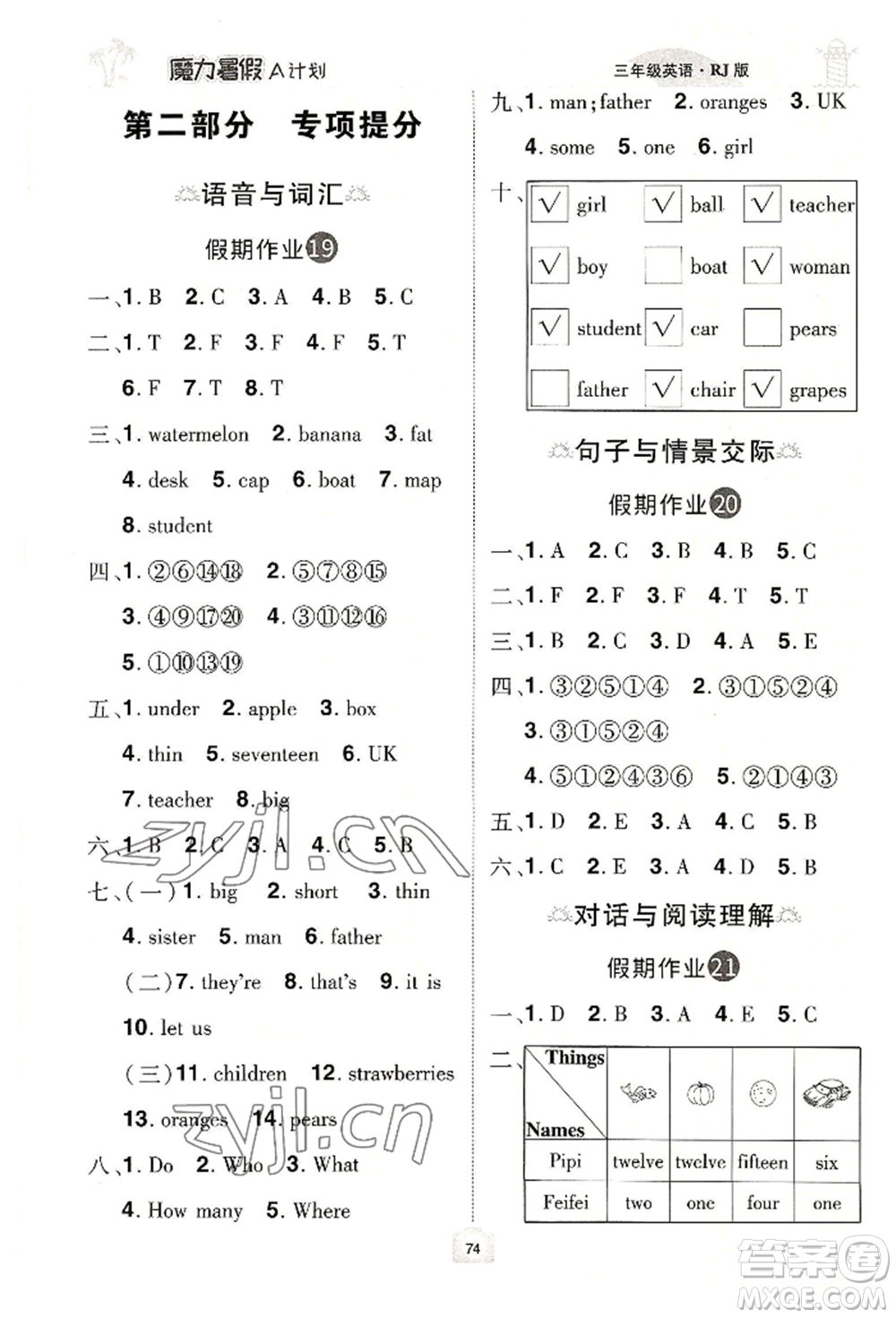 江西美術(shù)出版社2022魔力暑假A計(jì)劃三年級(jí)英語(yǔ)人教版參考答案