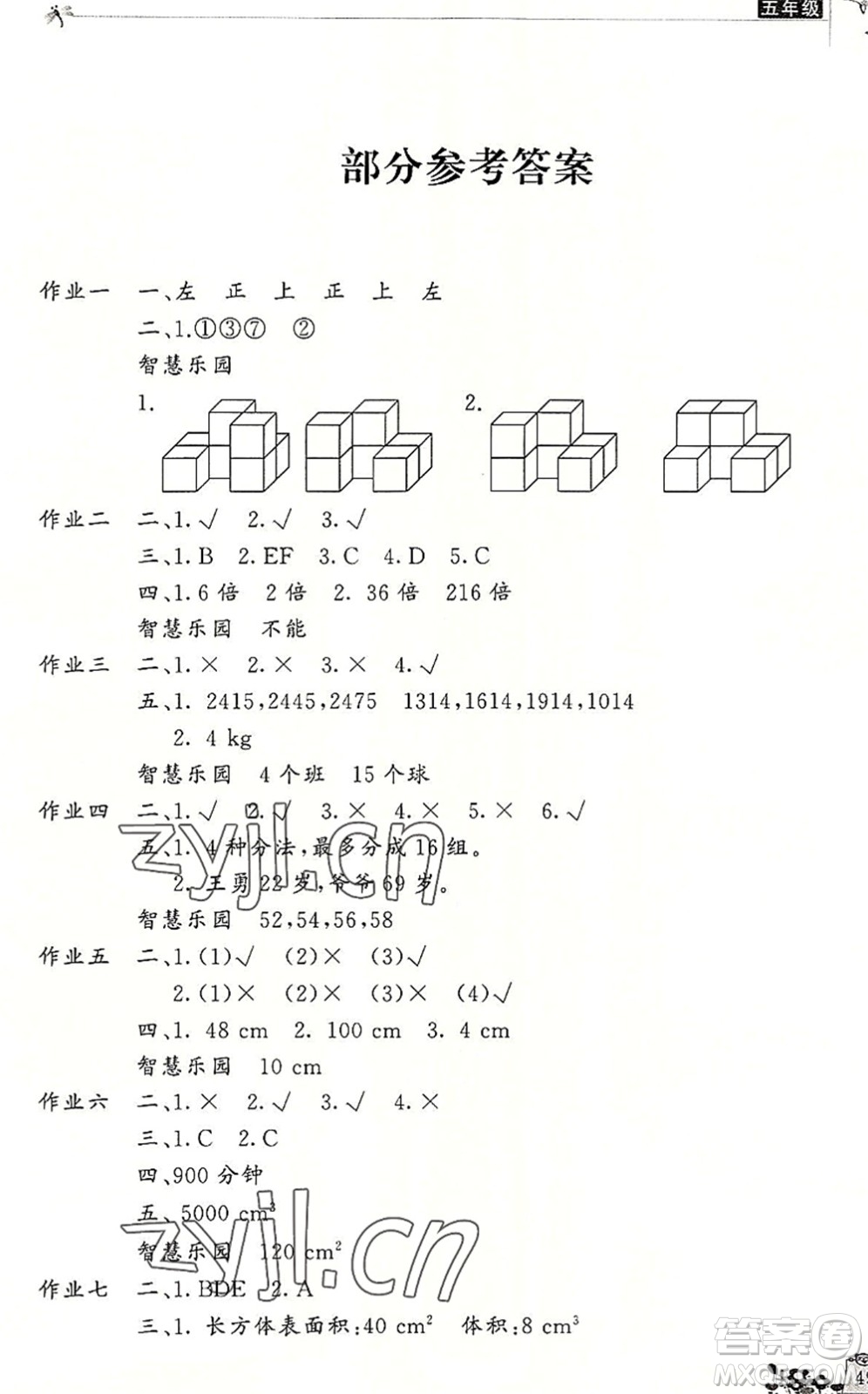 開明出版社2022新暑假生活五年級數(shù)學(xué)RJ人教版答案