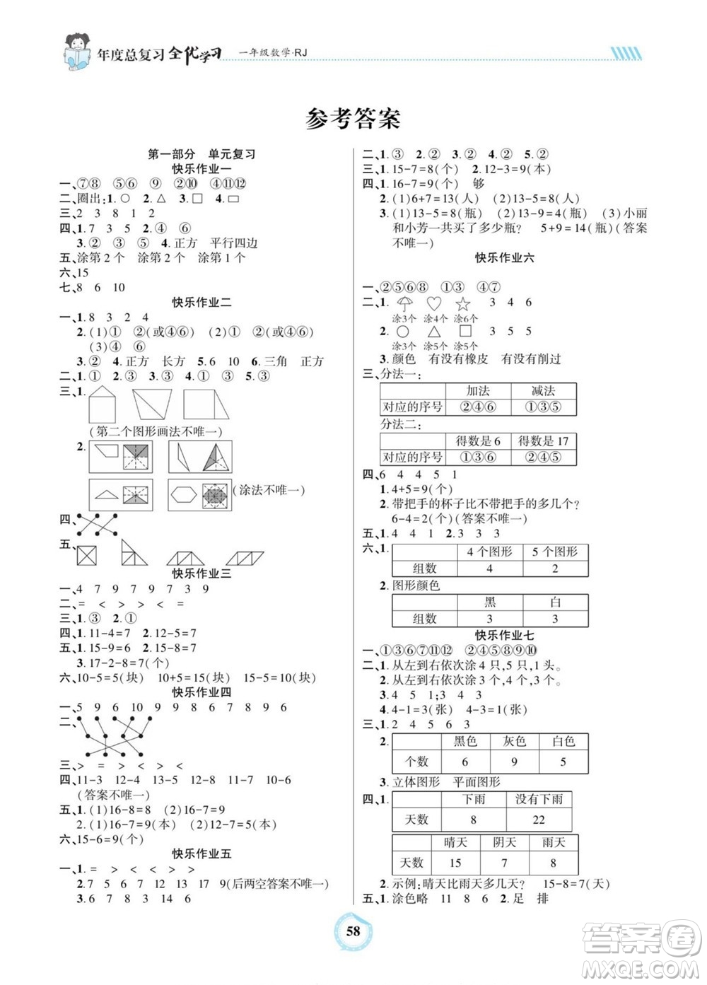 吉林教育出版社2022全優(yōu)學習年度總復習暑假作業(yè)數(shù)學一年級人教版答案