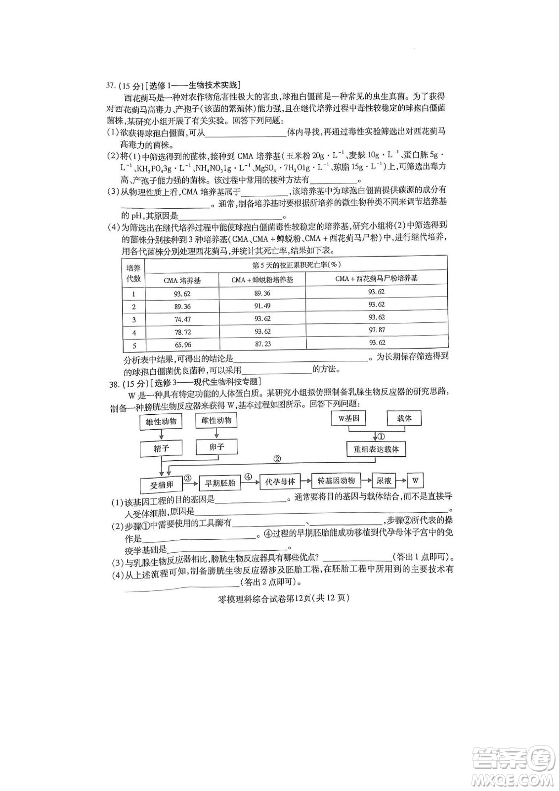 內(nèi)江市高中2023屆零模試題理科綜合能力測(cè)試答案