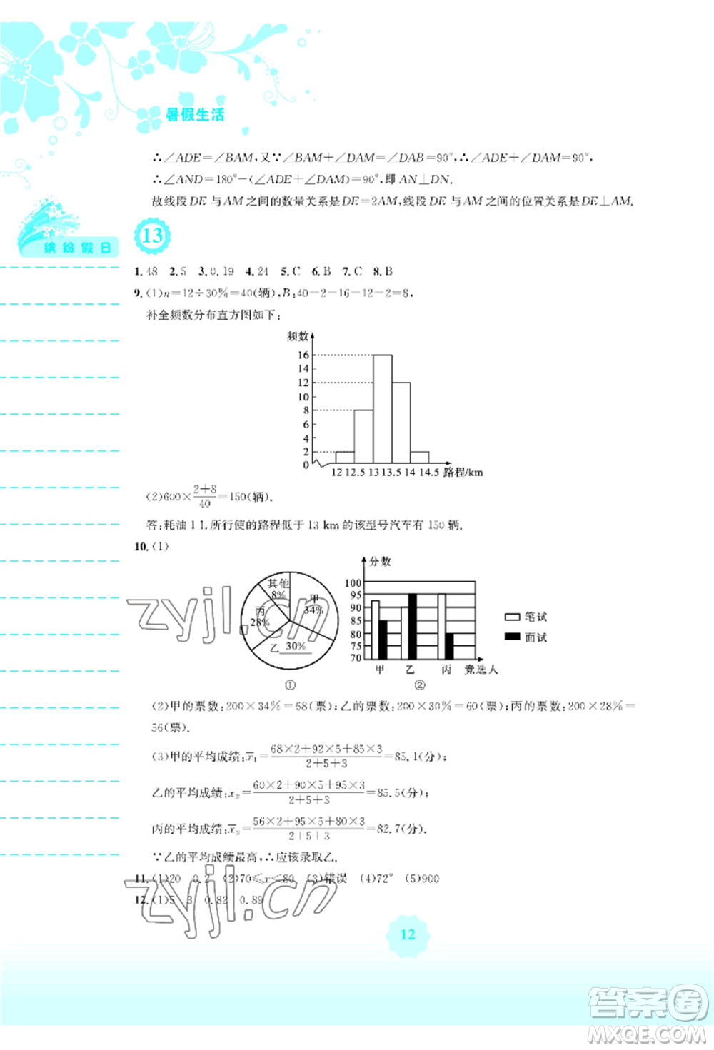 安徽教育出版社2022暑假生活八年級數(shù)學(xué)通用版S參考答案