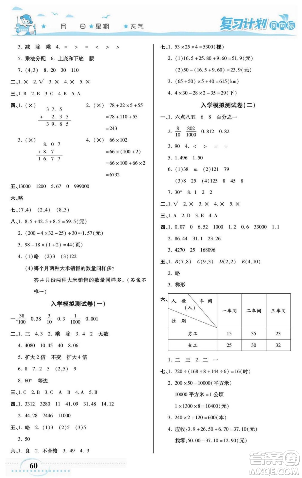 陽(yáng)光出版社2022復(fù)習(xí)計(jì)劃風(fēng)向標(biāo)暑假四年級(jí)數(shù)學(xué)西師版答案