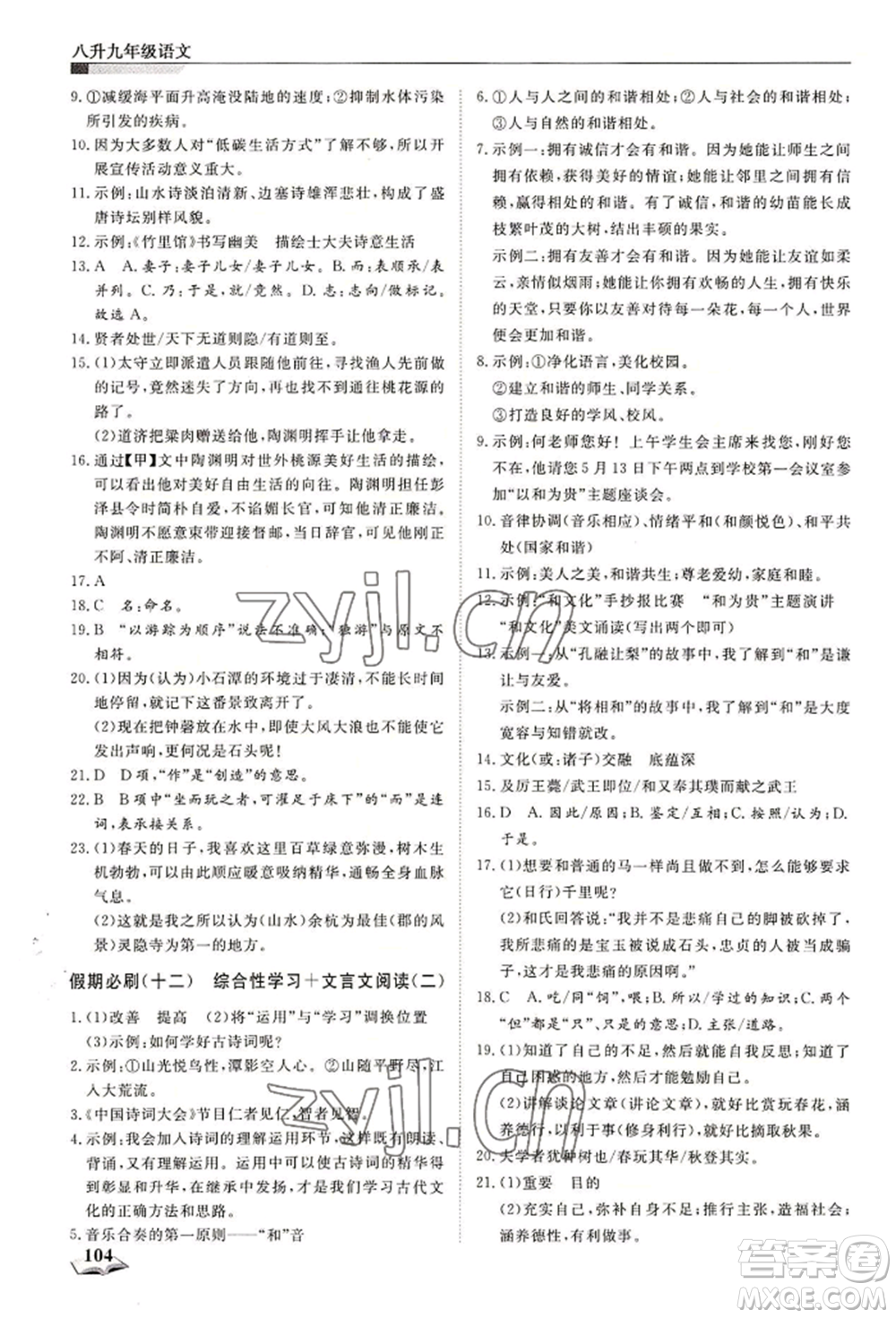 天津科學(xué)技術(shù)出版社2022暑假銜接超車道八升九語文人教版參考答案