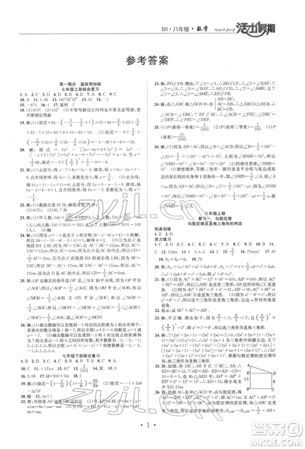 沈陽出版社2022活力假期學(xué)期總復(fù)習(xí)暑假八年級數(shù)學(xué)北師大版參考答案