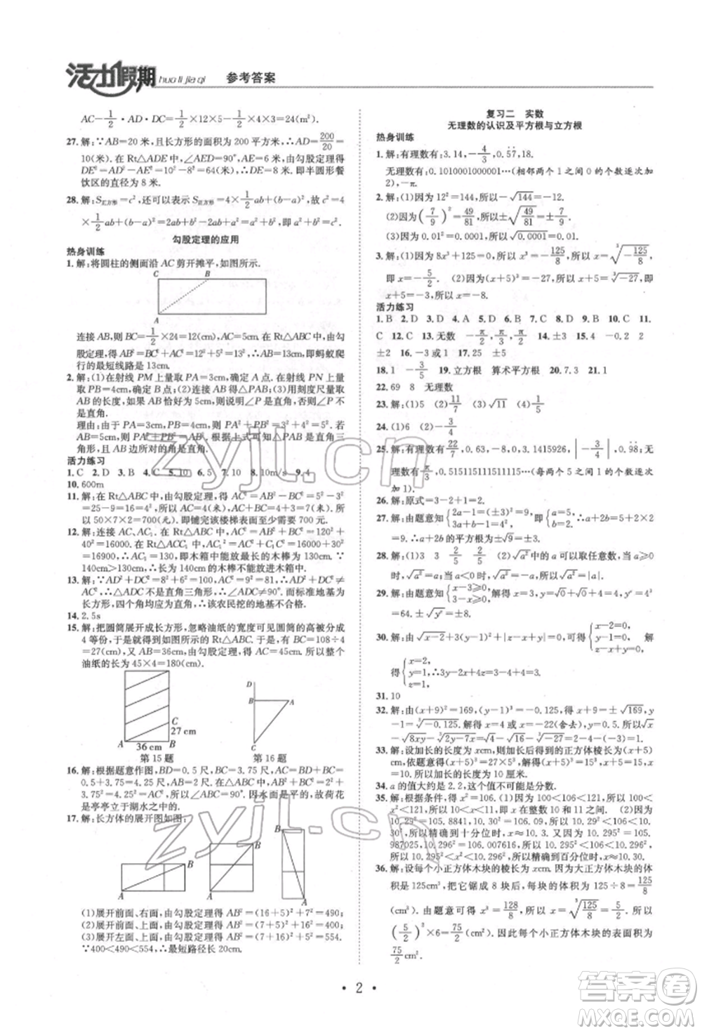 沈陽出版社2022活力假期學(xué)期總復(fù)習(xí)暑假八年級數(shù)學(xué)北師大版參考答案