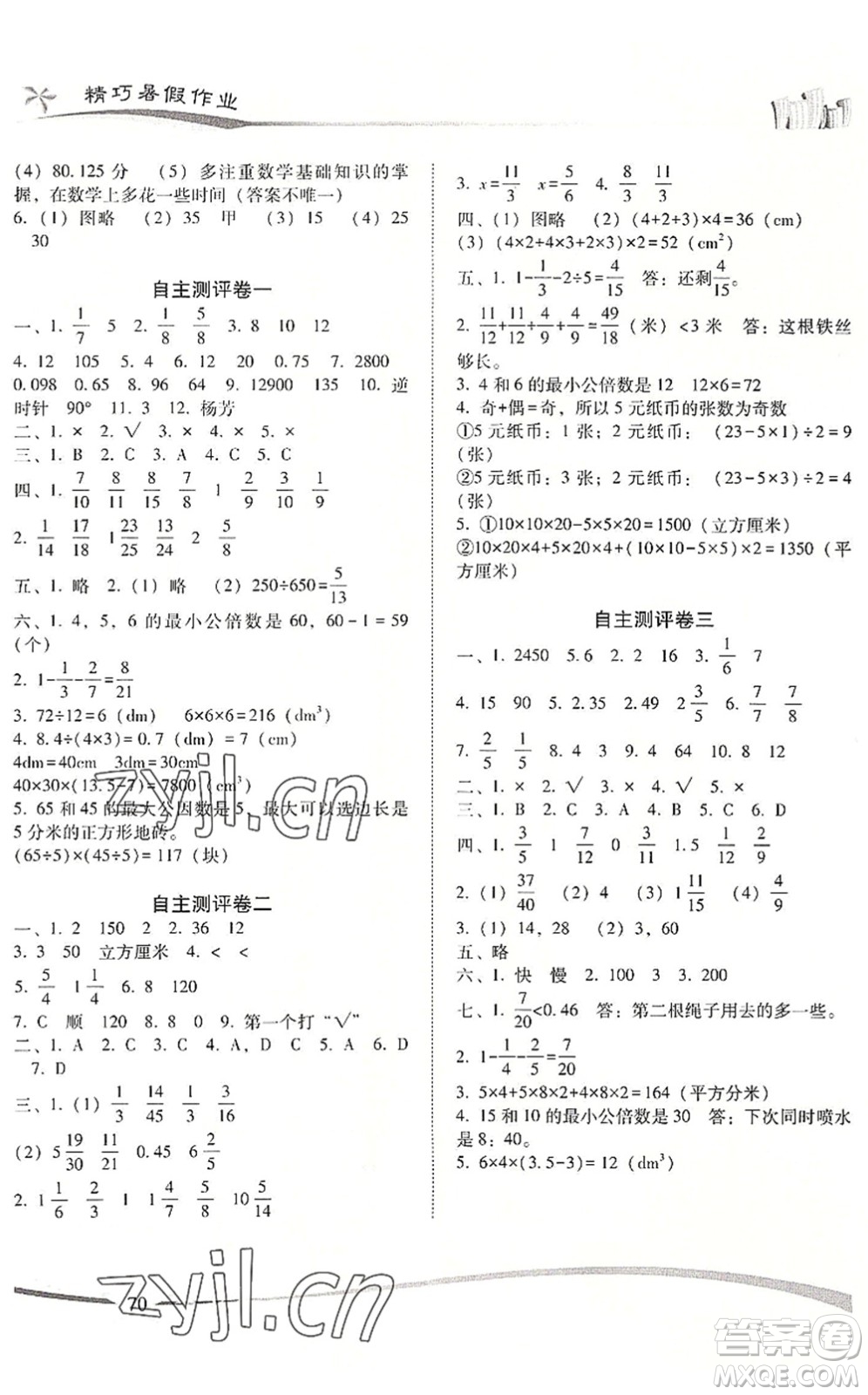 云南美術(shù)出版社2022精巧暑假作業(yè)五年級數(shù)學RJ人教版答案