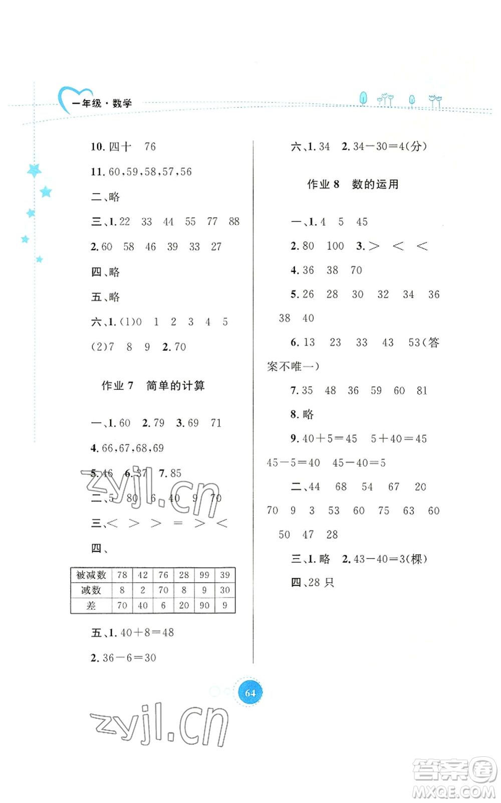 內蒙古教育出版社2022暑假作業(yè)一年級數(shù)學通用版參考答案