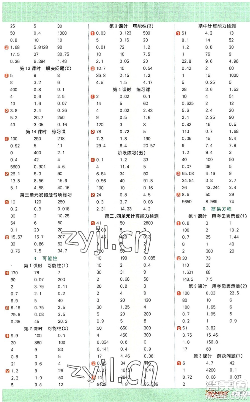 江西教育出版社2022陽光同學計算小達人五年級數(shù)學上冊RJ人教版答案