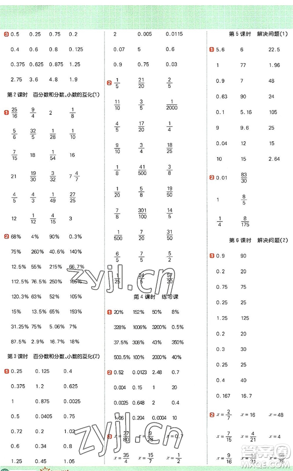 江西教育出版社2022陽(yáng)光同學(xué)計(jì)算小達(dá)人六年級(jí)數(shù)學(xué)上冊(cè)RJ人教版答案