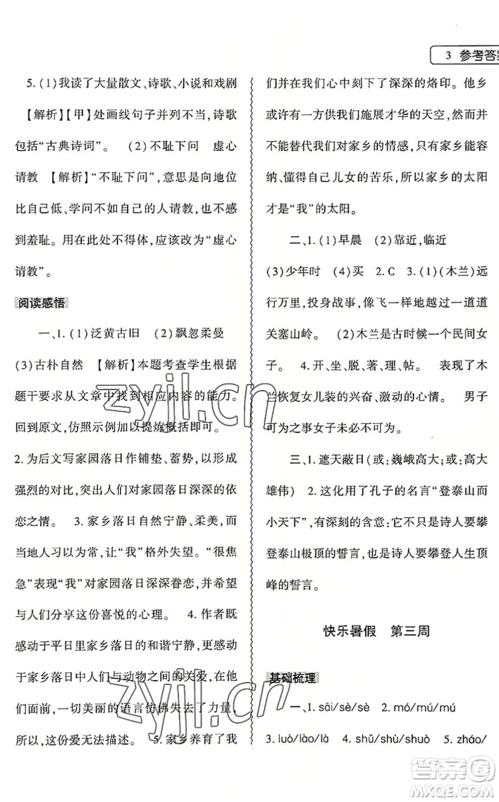 大象出版社2022語(yǔ)文暑假作業(yè)本七年級(jí)人教版答案