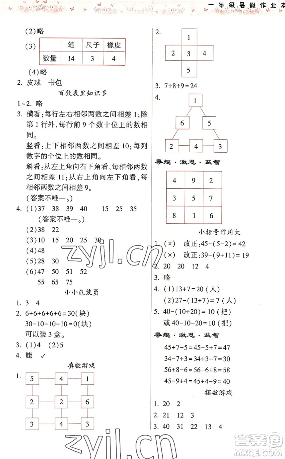 希望出版社2022暑假作業(yè)本天天練小學(xué)一年級(jí)數(shù)學(xué)人教版答案