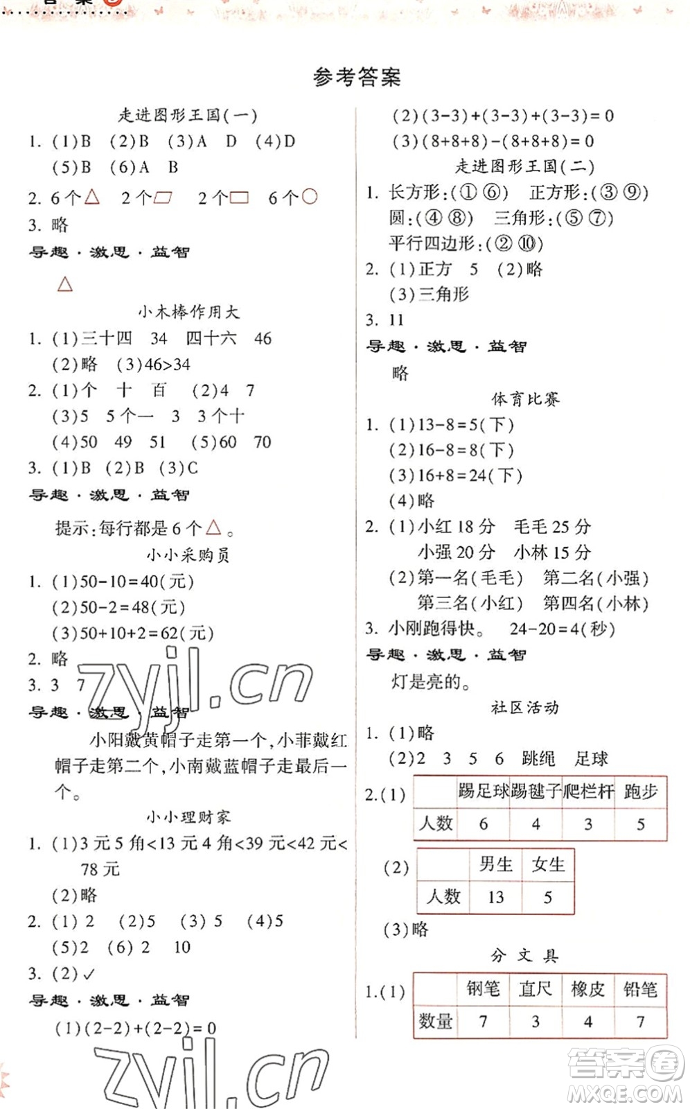 希望出版社2022暑假作業(yè)本天天練小學(xué)一年級(jí)數(shù)學(xué)人教版答案