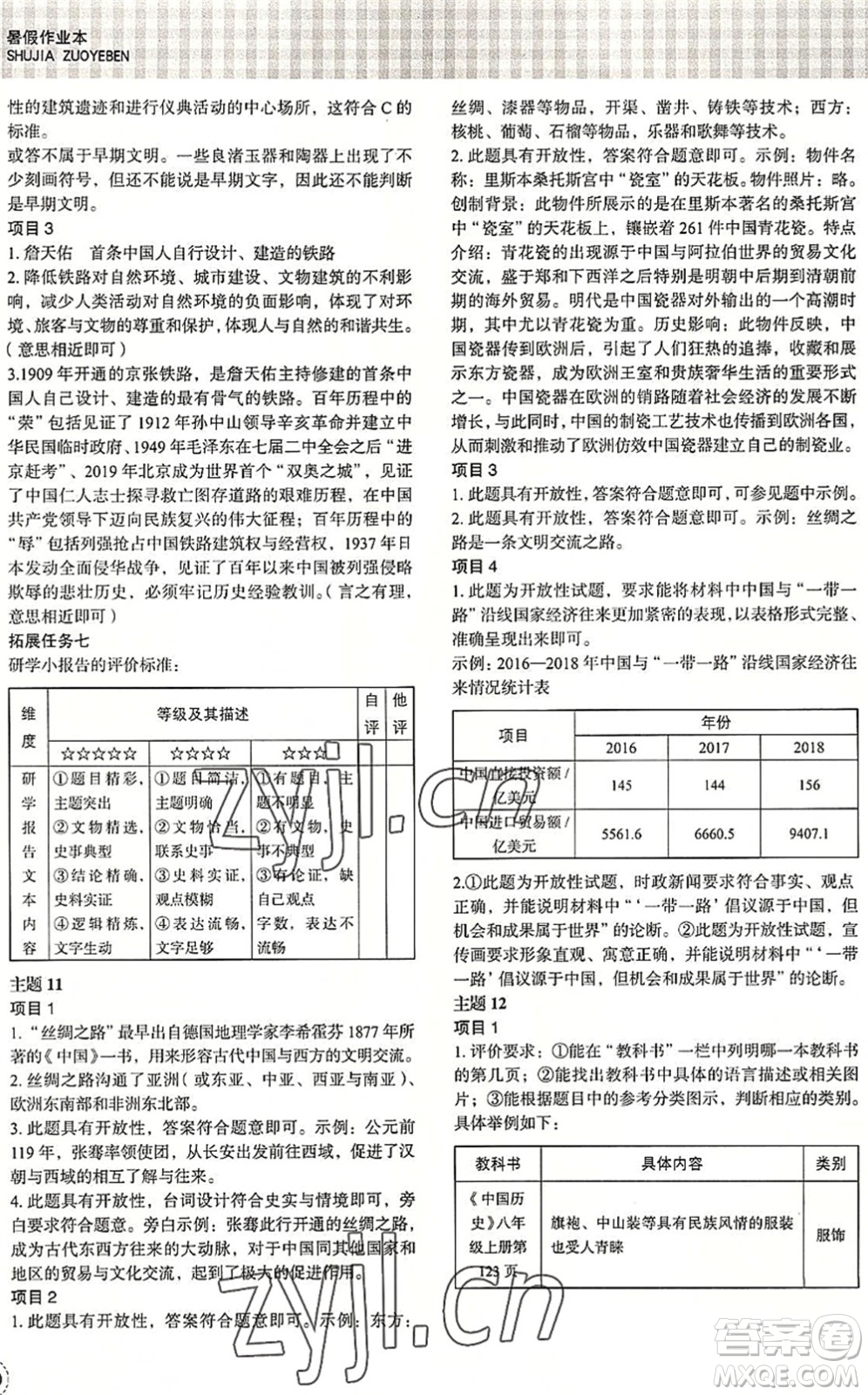 浙江教育出版社2022暑假作業(yè)本八年級歷史與社會道德與法治人教版答案