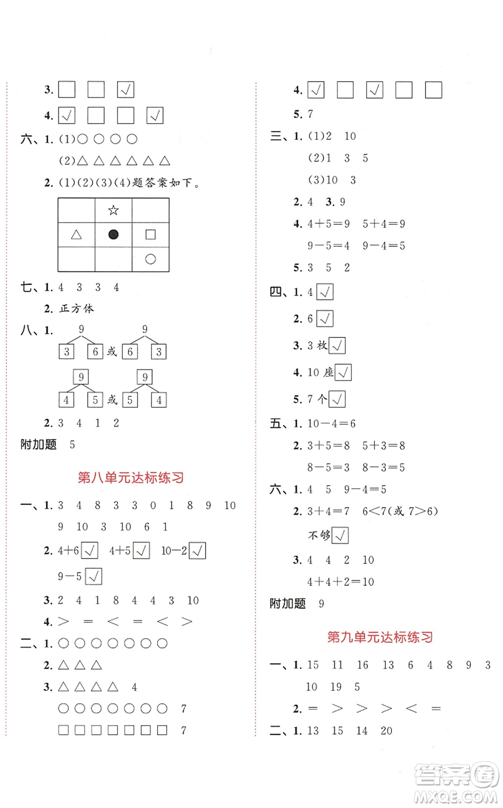 教育科學(xué)出版社2022秋季53天天練一年級(jí)數(shù)學(xué)上冊(cè)SJ蘇教版答案