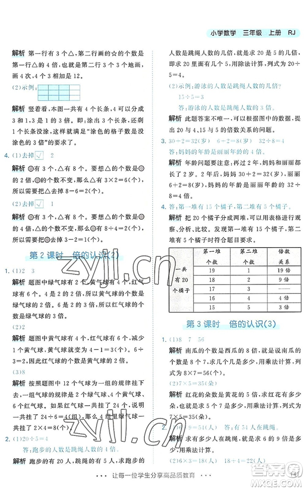 教育科學出版社2022秋季53天天練三年級數學上冊RJ人教版答案