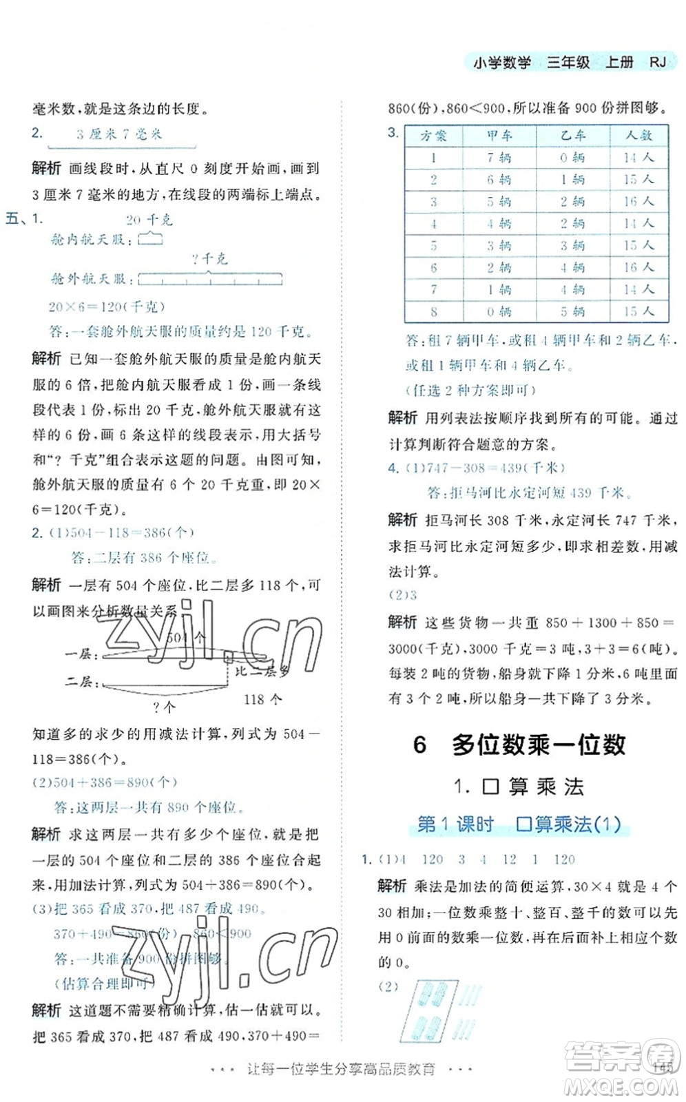 教育科學出版社2022秋季53天天練三年級數學上冊RJ人教版答案