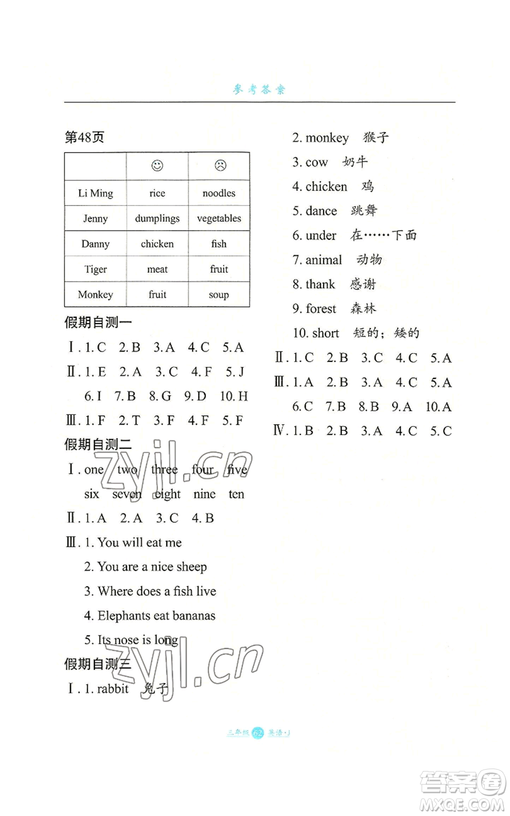 河北少年兒童出版社2022假期生活三年級起點(diǎn)三年級暑假英語冀教版參考答案