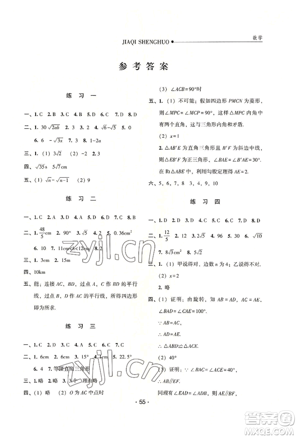 河北人民出版社2022假期生活八年級(jí)暑假數(shù)學(xué)通用版參考答案