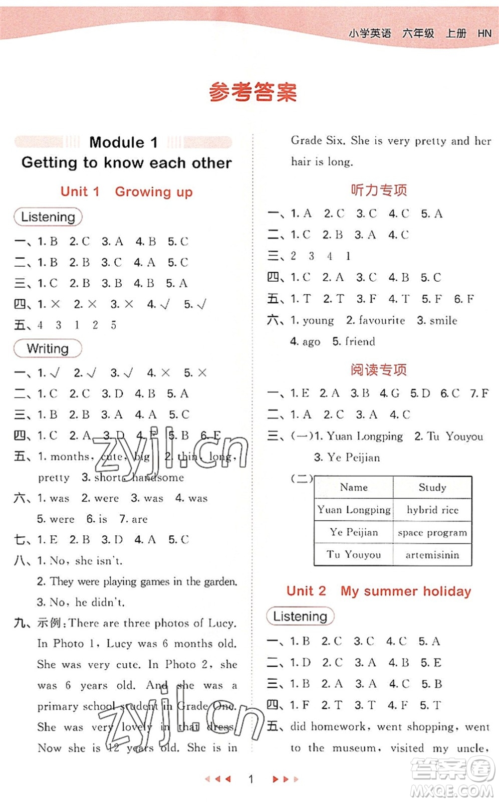 教育科學(xué)出版社2022秋季53天天練六年級(jí)英語(yǔ)上冊(cè)HN滬教牛津版答案