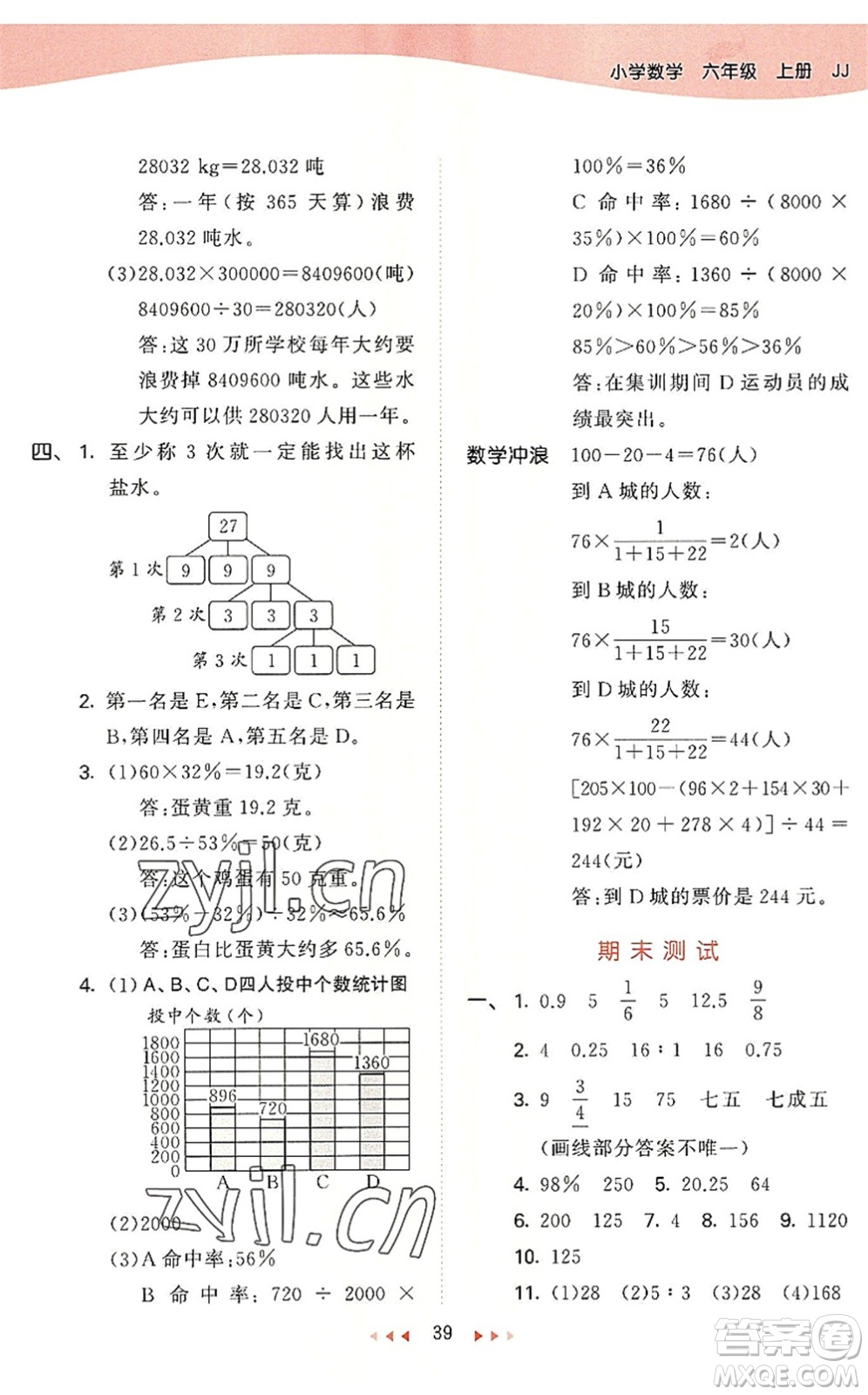 西安出版社2022秋季53天天練六年級數(shù)學(xué)上冊JJ冀教版答案