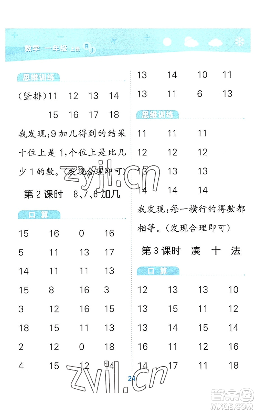 教育科學出版社2022小學口算大通關一年級數學上冊RJ人教版答案