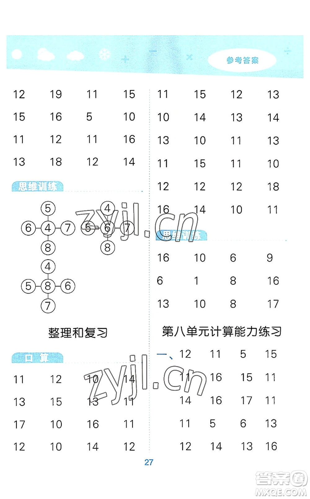 教育科學出版社2022小學口算大通關一年級數學上冊RJ人教版答案