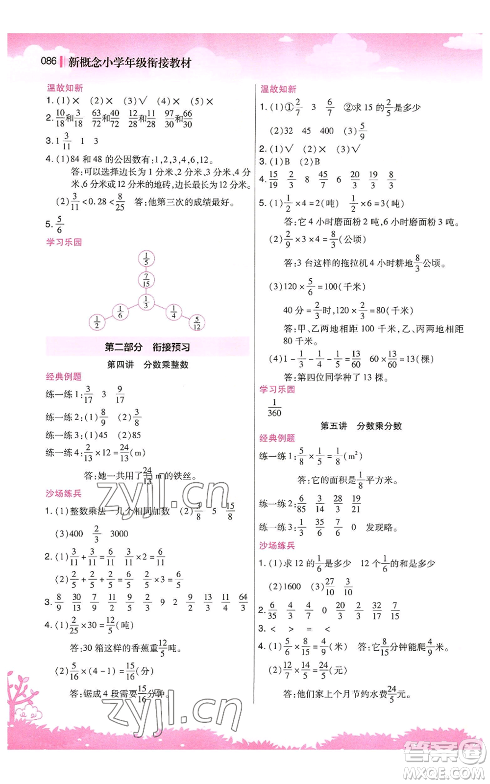 江蘇鳳凰美術(shù)出版社2022新概念小學(xué)年級(jí)暑假銜接教材五升六數(shù)學(xué)人教版參考答案