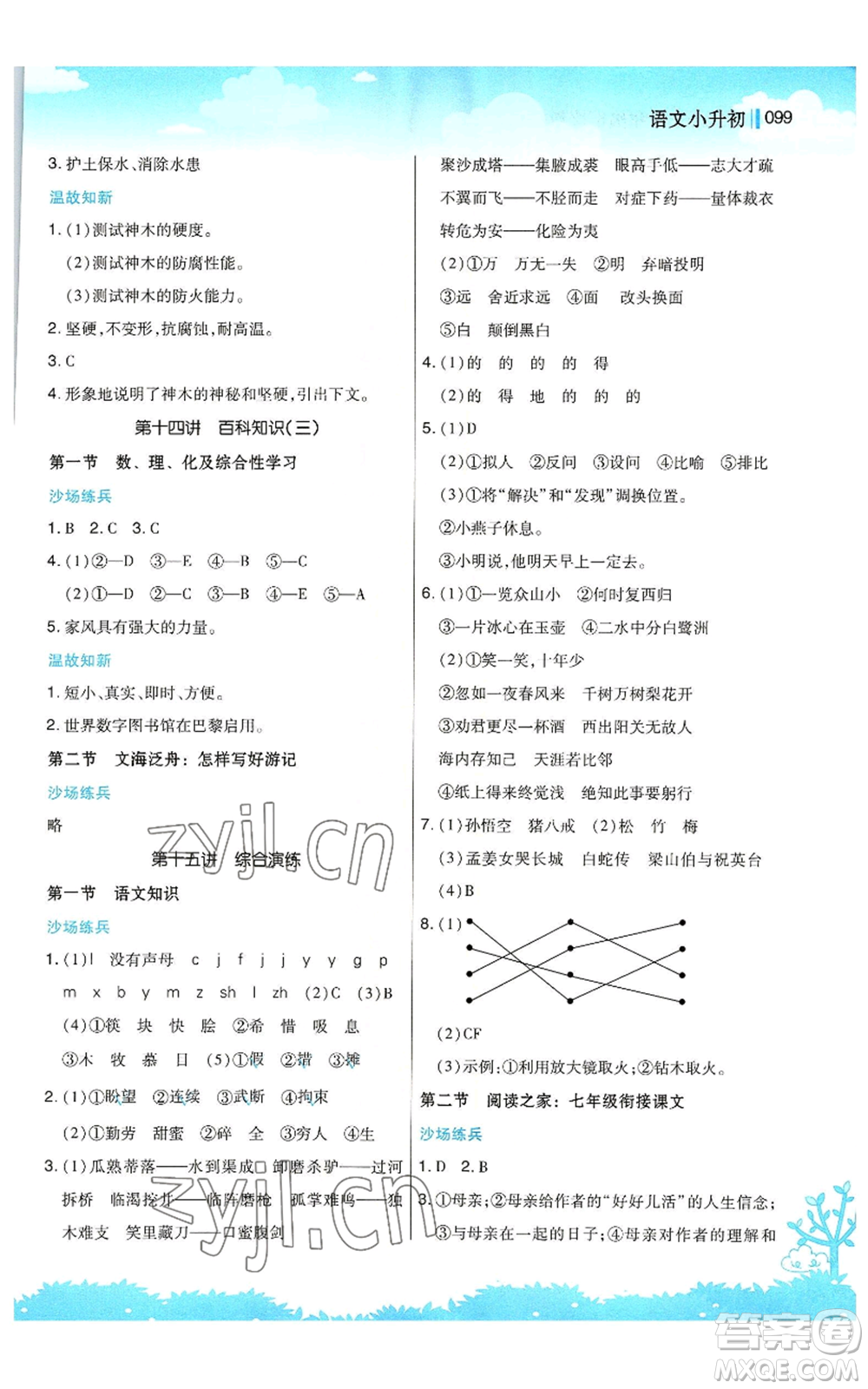 江蘇鳳凰美術(shù)出版社2022新概念小學(xué)年級暑假銜接教材小升初語文人教版參考答案