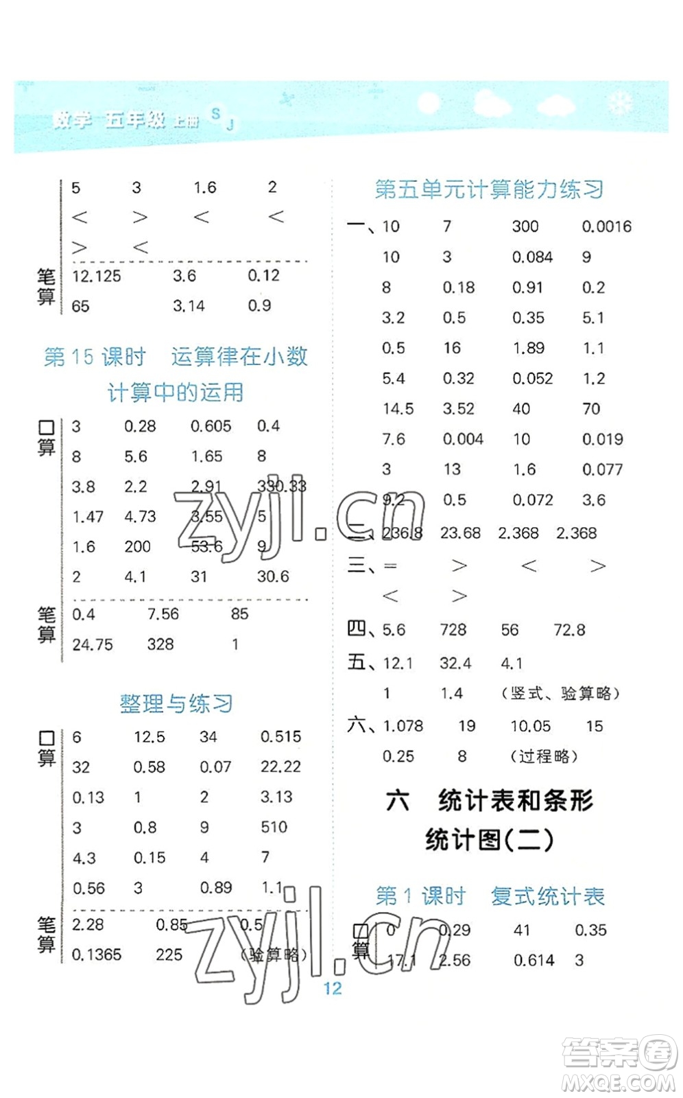 地質(zhì)出版社2022小學(xué)口算大通關(guān)五年級(jí)數(shù)學(xué)上冊(cè)SJ蘇教版答案