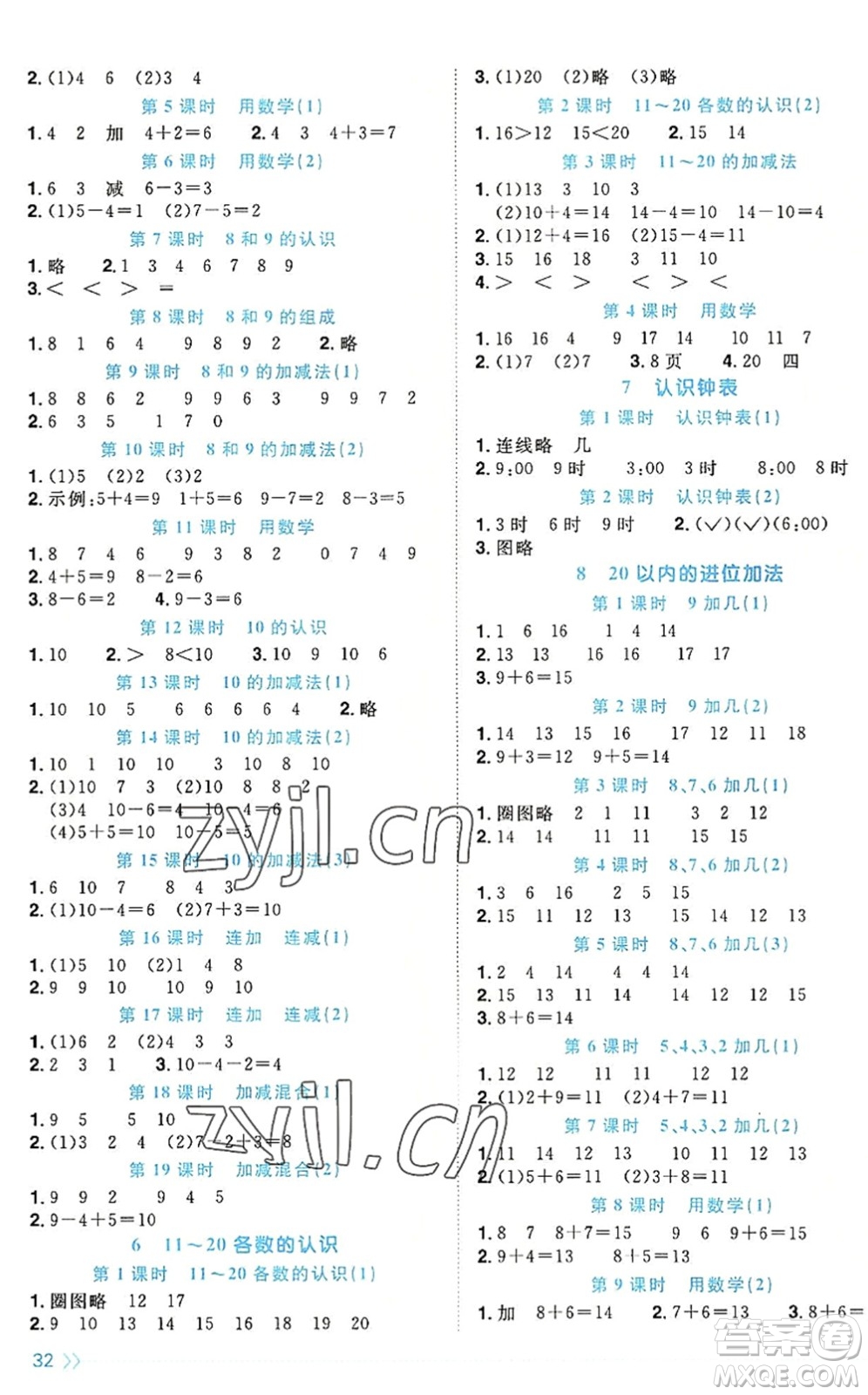 福建少年兒童出版社2022陽光同學(xué)課時(shí)優(yōu)化作業(yè)一年級(jí)數(shù)學(xué)上冊(cè)RJ人教版福建專版答案