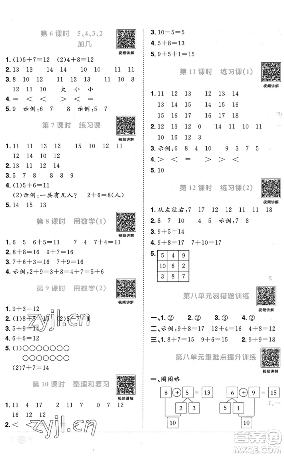 江西教育出版社2022陽光同學(xué)課時優(yōu)化作業(yè)一年級數(shù)學(xué)上冊RJ人教版菏澤專版答案