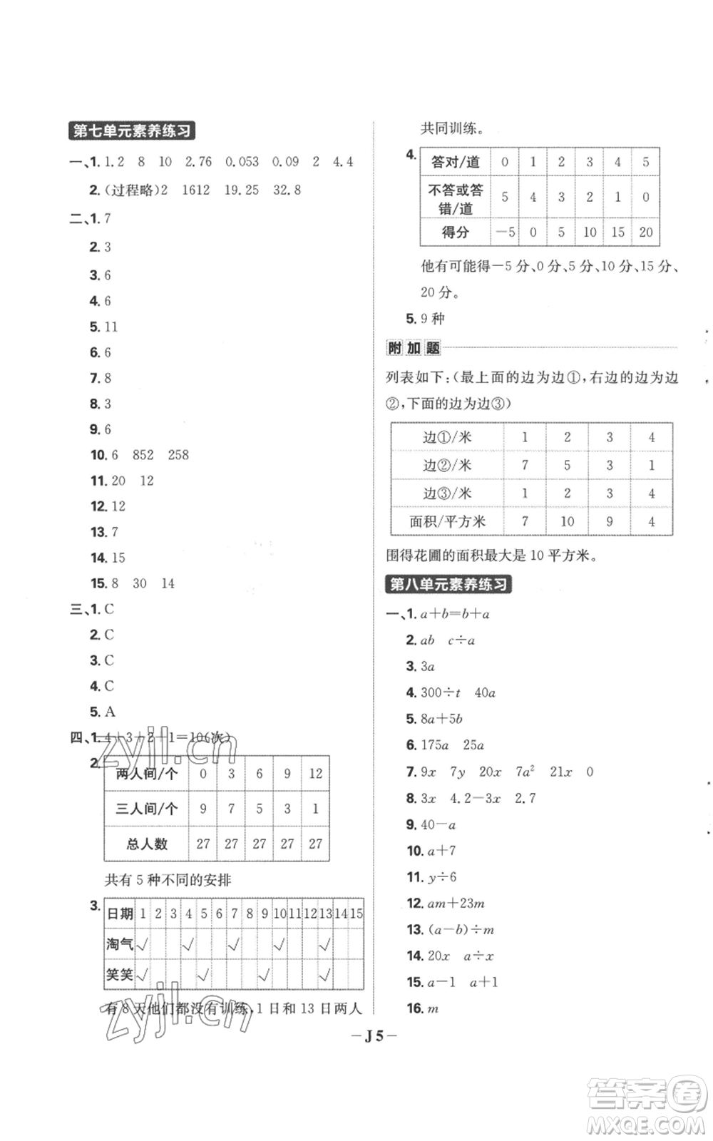 首都師范大學(xué)出版社2022小學(xué)必刷題五年級上冊數(shù)學(xué)蘇教版參考答案