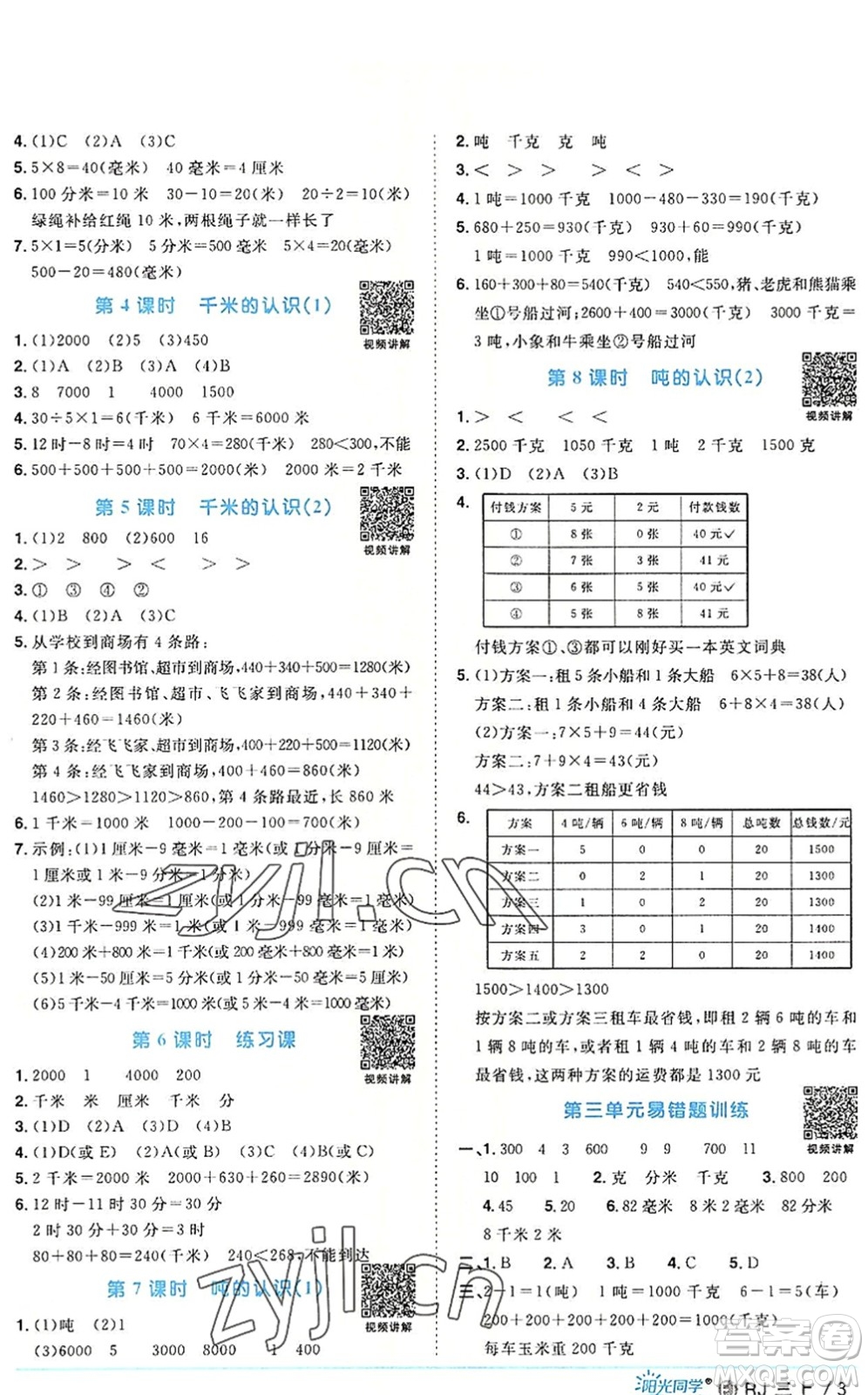 福建少年兒童出版社2022陽光同學(xué)課時優(yōu)化作業(yè)三年級數(shù)學(xué)上冊RJ人教版福建專版答案