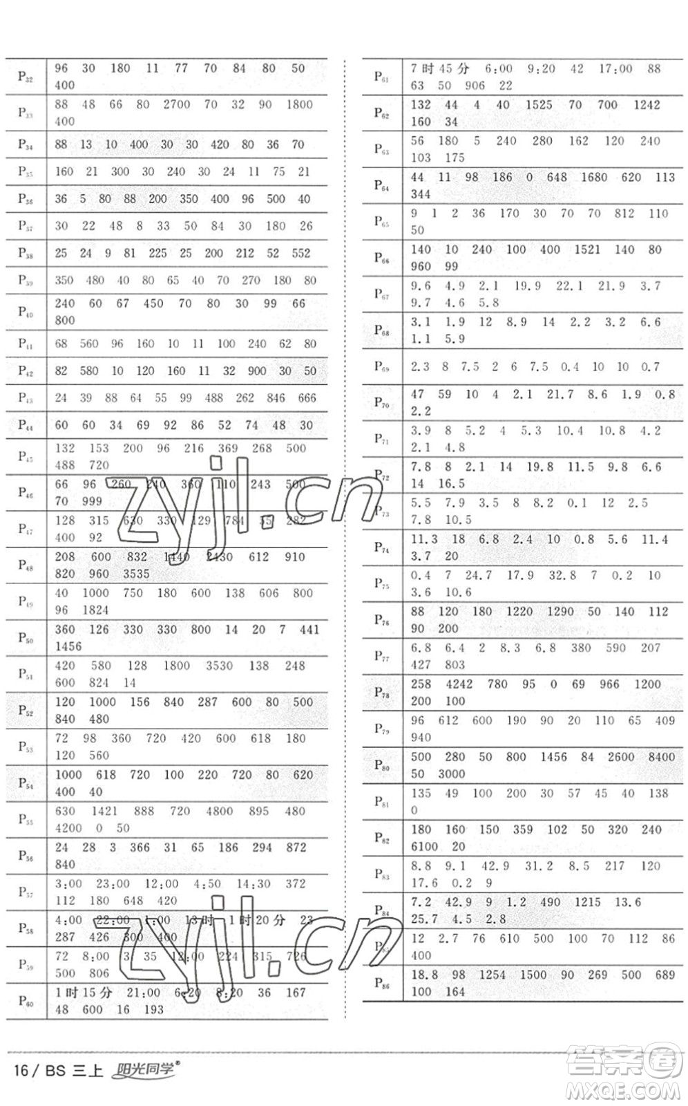 江西教育出版社2022陽光同學(xué)課時優(yōu)化作業(yè)三年級數(shù)學(xué)上冊BS北師版答案