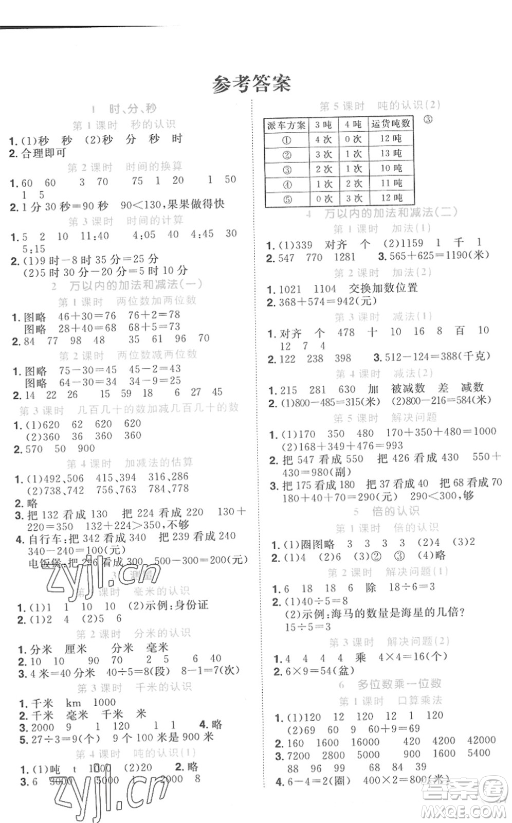 江西教育出版社2022陽光同學課時優(yōu)化作業(yè)三年級數(shù)學上冊RJ人教版菏澤專版答案