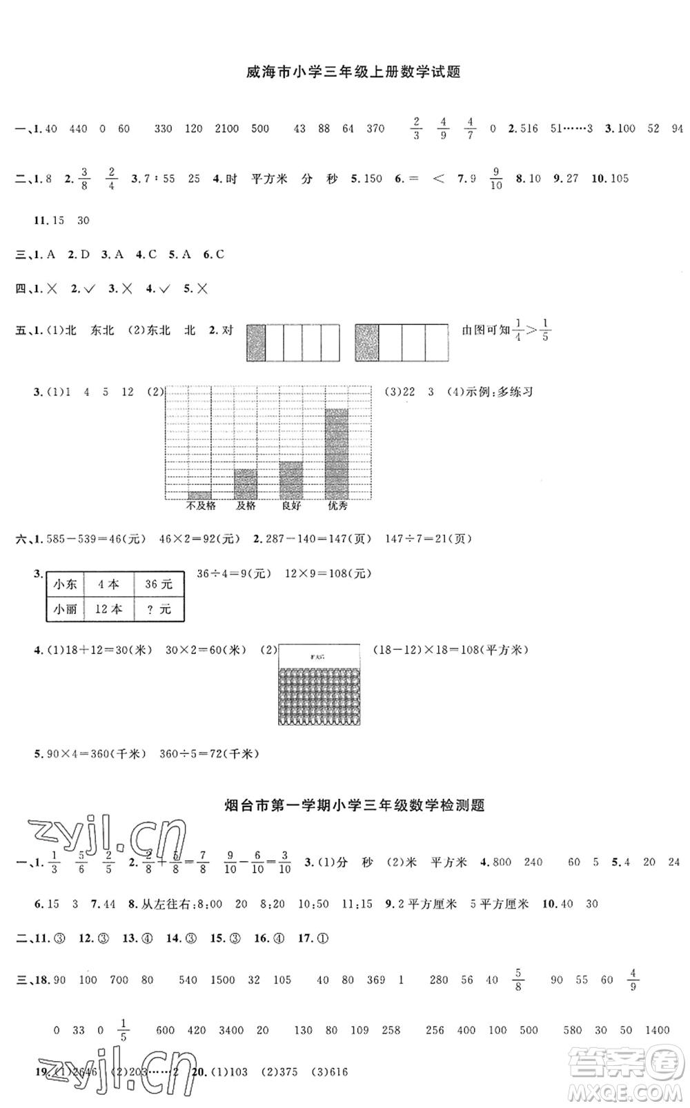 江西教育出版社2022陽光同學(xué)課時(shí)優(yōu)化作業(yè)三年級數(shù)學(xué)上冊QD青島版五四專用答案