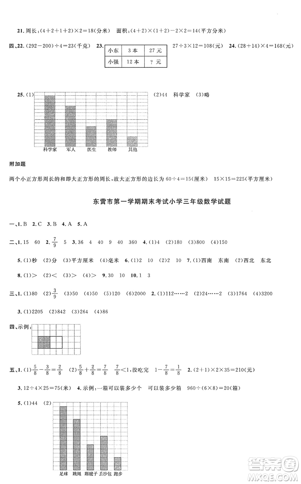 江西教育出版社2022陽光同學(xué)課時(shí)優(yōu)化作業(yè)三年級數(shù)學(xué)上冊QD青島版五四專用答案