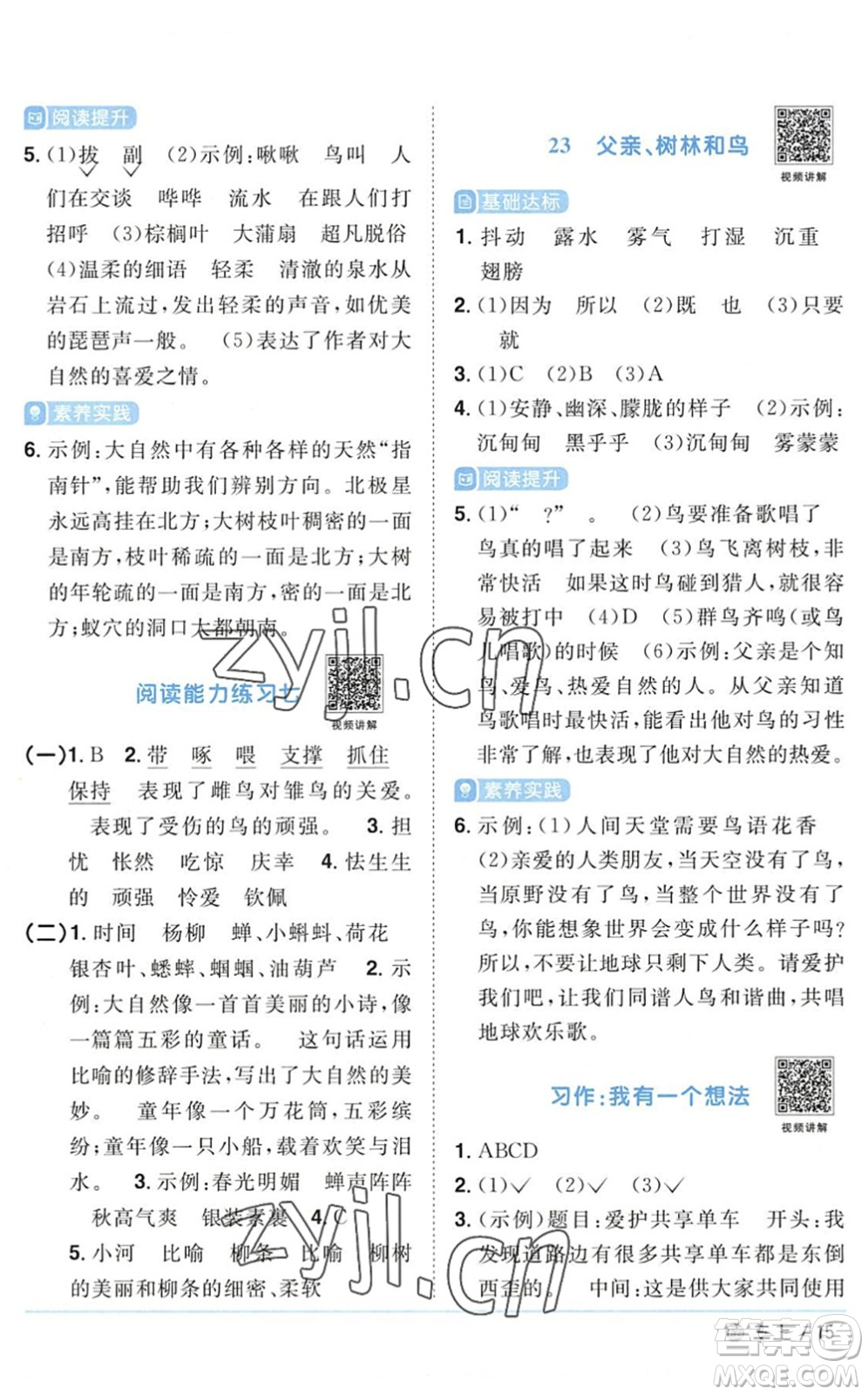 江西教育出版社2022陽光同學課時優(yōu)化作業(yè)三年級語文上冊五四專用答案